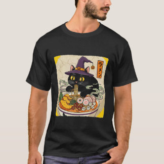 Black Cat Holiday Witch Hat Slurping Ramen Vintage T-Shirt