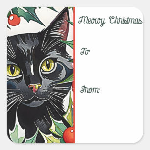 Black Cat & Holly Meowy Weihnachtsaufkleber-Gesche Quadratischer Aufkleber