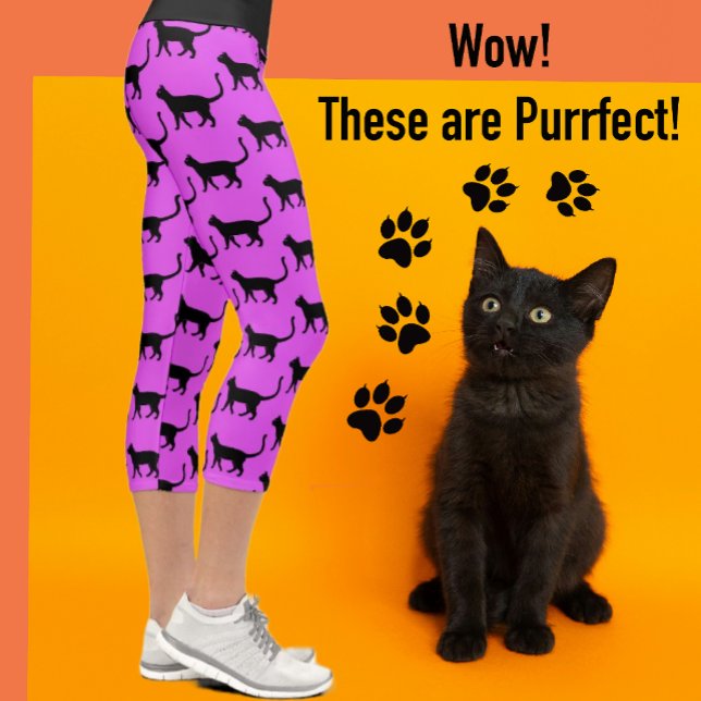 Black Cat Hot Pink Crazy Cat Woman Capri Leggings (Just for cat lovers!)