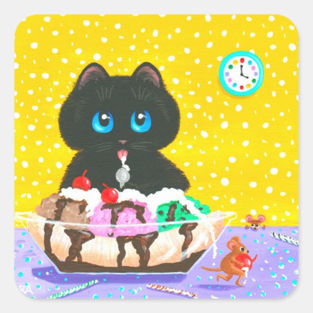 Black Cat Ice Cream Creationarts Quadratischer Aufkleber (Vorderseite)