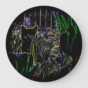 Black Cat in A Neon Garden Wall Clock Große Wanduhr