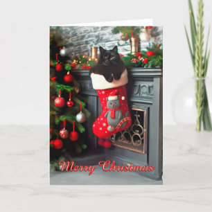 Black Cat in einem Strumpf auf Weihnachtskarte des Feiertagskarte
