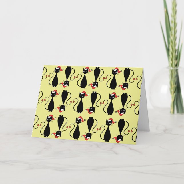 Black Cat in einem Weihnachtshut Feiertagskarte (Vorderseite)