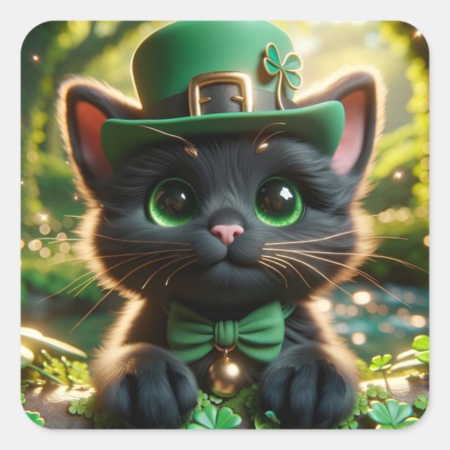 Black Cat in Green St. Patrick's Day Attraktion Quadratischer Aufkleber (Vorderseite)
