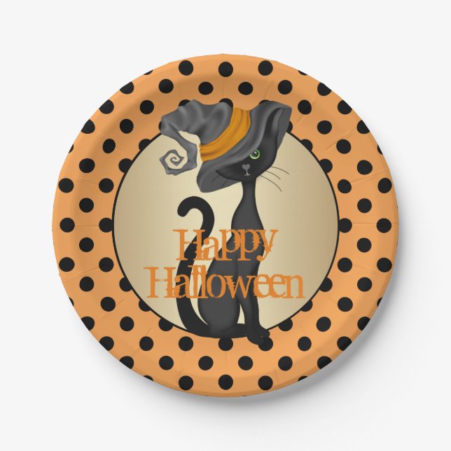 Black Cat in Hexenhut-Halloween-Party Pappteller (Vorderseite)