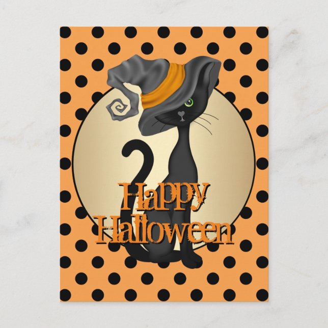 Black Cat in Hexenhut Happy Halloween Postkarte (Vorderseite)