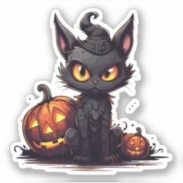 Black Cat in Hexenhut Meowloween Halloween Aufkleber