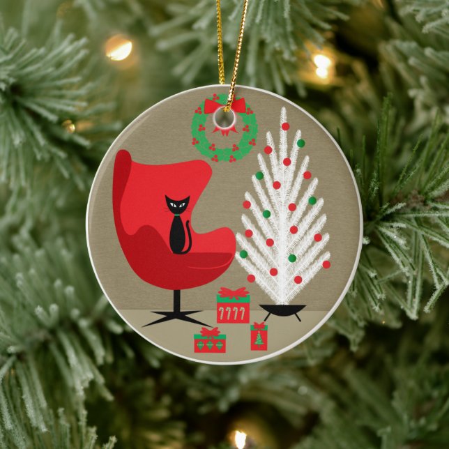 Black Cat in Mid Century Christmas Room Keramik Ornament (Baum)