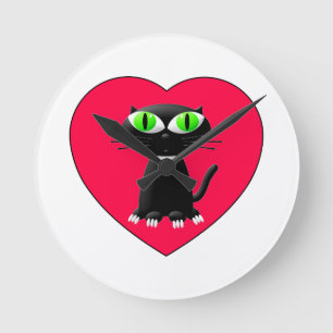 Black Cat In Red Heart Runde Wanduhr