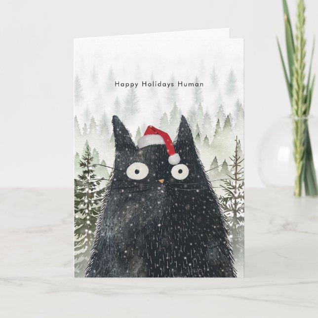 black cat in santa hat fun Holiday Christmas card Karte (Vorderseite)