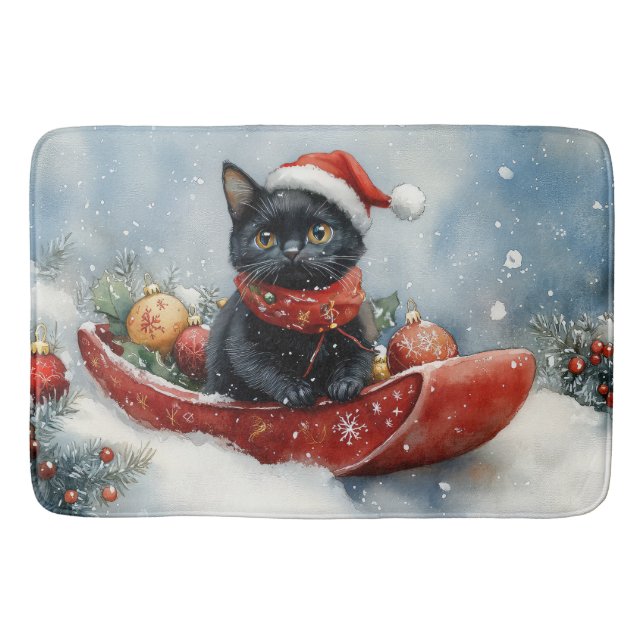 Black Cat in Sledge Let it Snow Christmas Badematte (Vorderseite)