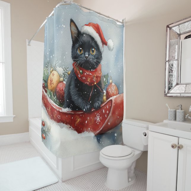 Black Cat in Sledge Let it Snow Christmas Duschvorhang (Beispiel)