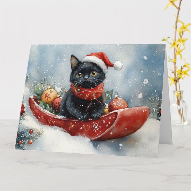 Black Cat in Sledge Let it Snow Christmas Karte (Gelbe Blume)