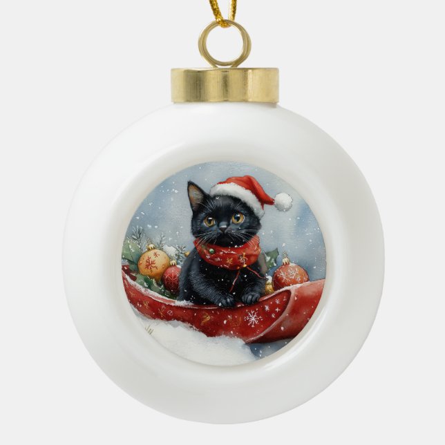 Black Cat in Sledge Let it Snow Christmas Keramik Kugel-Ornament (Vorderseite)