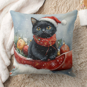 Black Cat in Sledge Let it Snow Christmas Kissen