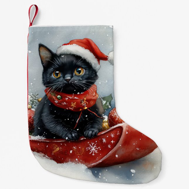 Black Cat in Sledge Let it Snow Christmas Kleiner Weihnachtsstrumpf (Vorderseite)