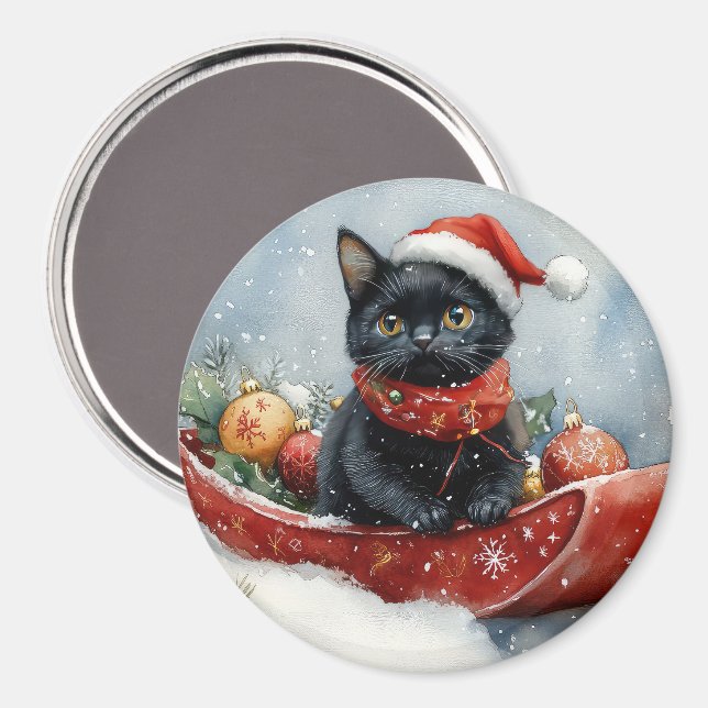Black Cat in Sledge Let it Snow Christmas Magnet (Vorderseite/Rückseite)