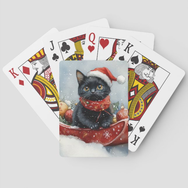 Black Cat in Sledge Let it Snow Christmas Spielkarten (Rückseite)