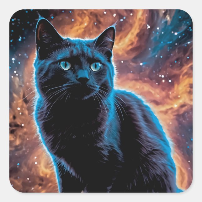 Black cat in space quadratischer aufkleber (Vorderseite)