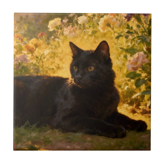 Black Cat in the Flowers I Fliese (Vorderseite)