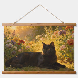 Black Cat in the Flowers I Wandteppich Mit Holzrahmen