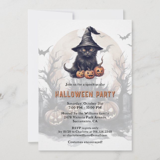 Black Cat Jack-O-Lanterns Halloween-Party Einladung (Vorderseite)