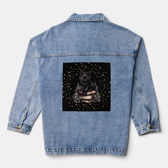 Black Cat Jacket Design mit Sternen und Blume Jeansjacke (Rückseite)