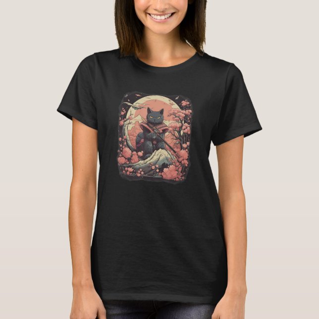 Black Cat Japanese samurai ninja warrior flowers,  T-Shirt (Vorderseite)