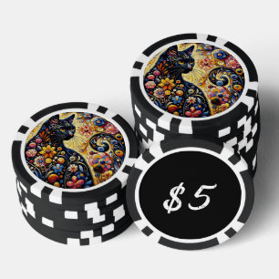 Black Cat Kitty Floral Whimsical Yellow Flowers Pokerchips
