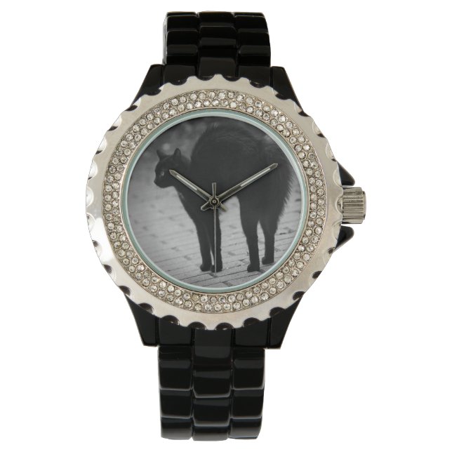 Black Cat Kristall Womens Black Wrist Watch Armbanduhr (Vorderseite)