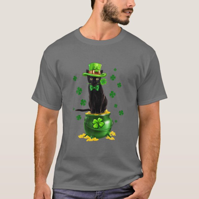 Black Cat Leprechauns Hat Cat Gold Pot St Patrick' T-Shirt (Vorderseite)