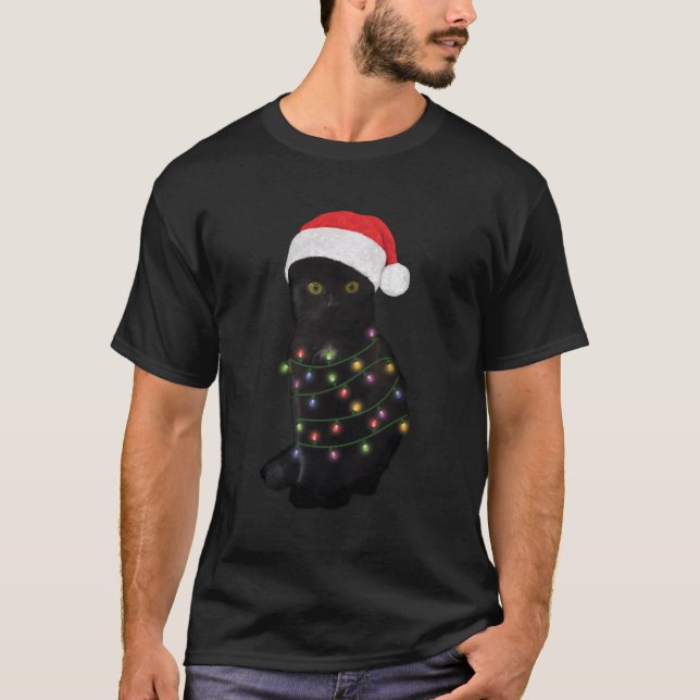 Black Cat Light Funny Cat Lover Weihnachten T-Shirt (Vorderseite)
