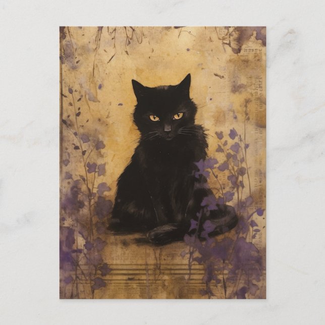 Black Cat Lila Paint Vintag Postkarte (Vorderseite)