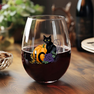 Black Cat Lila Rose Pumpkin Halloween Weinglas Ohne Stiel