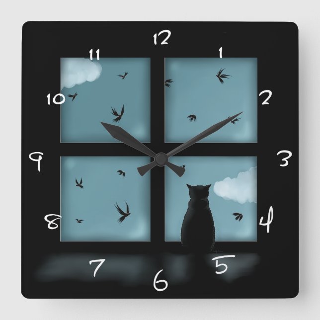 Black Cat Looking Out Window At Heaven Quadratische Wanduhr (Vorderseite)