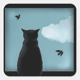 Black Cat Looking Out Window At Heaven Quadratischer Aufkleber