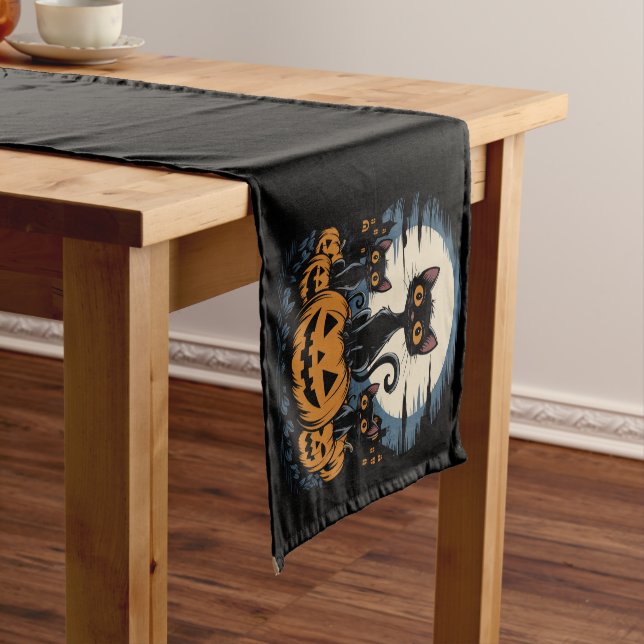 Black Cat Lovers Halloween Starry Night Van Gogh Kurzer Tischläufer (Beispiel)