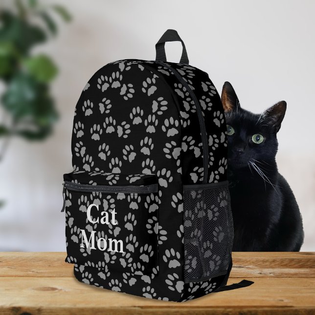 Black Cat Maman Empreinte de patte Sac à dos perso (Purrfect backpack for all cat moms (and cat dads))