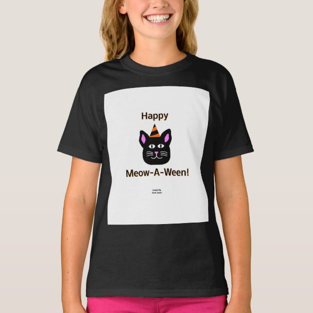Black Cat Meow-A-Ween Girls Black Basic T Shirt (Vorderseite)