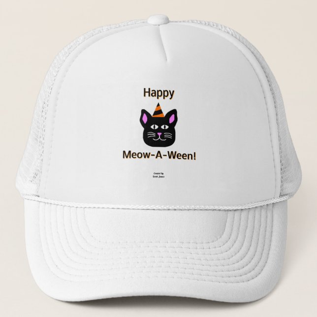 Black Cat Meow-A-Ween Trucker Hat Truckerkappe (Vorderseite)