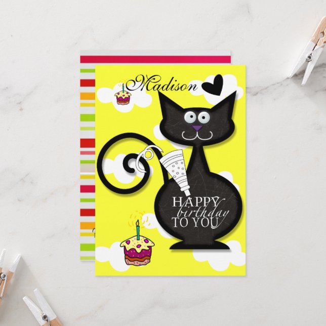 Black Cat Meow Happy Birthday Einladung (Vorderseite/Rückseite Beispiel)