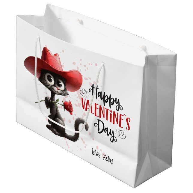 Black Cat mit Cowboy Hat Happy Valentines Day Große Geschenktüte (Vorderseite Schrägansicht)