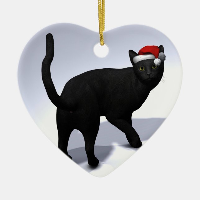 Black Cat mit Santa Claus Hut Keramik Ornament (Vorne)