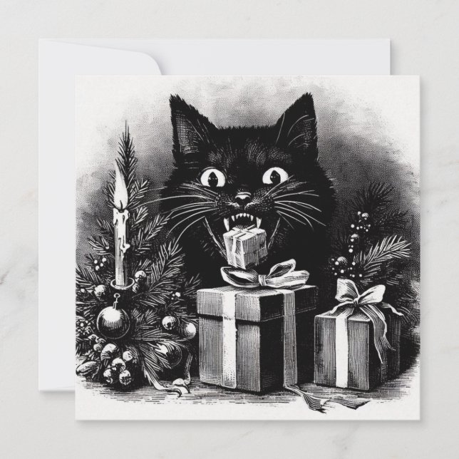 Black Cat mit Weihnachtsgeschenken Feiertagskarte (Vorderseite)