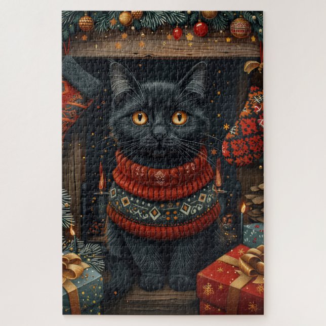 Black Cat mit Weihnachtsgeschenken Feuerplatz (Vertikal)