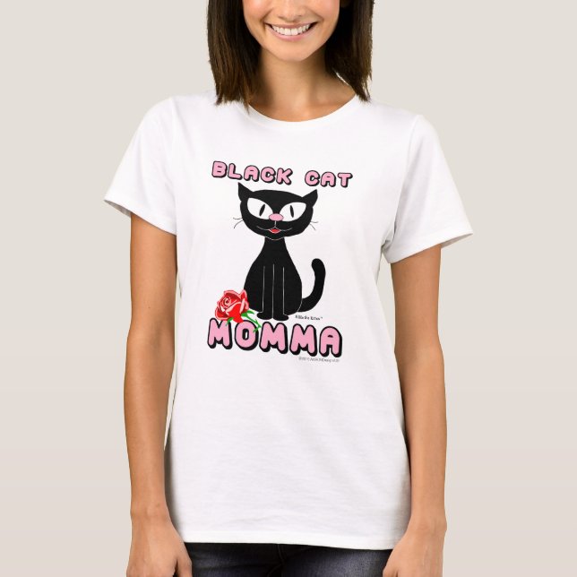 BLACK CAT MOMMA Lächelnder Cartoon Katze mit Rote  T-Shirt (Vorderseite)