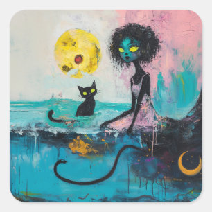 Black Cat Moon Ocean Pink Magical Hexe Kunst Quadratischer Aufkleber