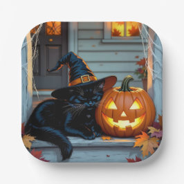 Black Cat Napping on Pumpkin Halloween  Pappteller
