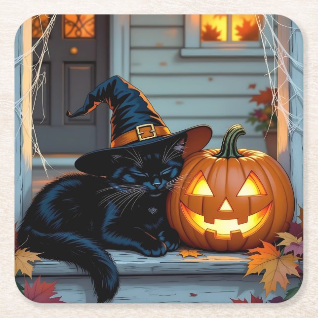 Black Cat Napping on Pumpkin Halloween  Rechteckiger Pappuntersetzer (Vorderseite)