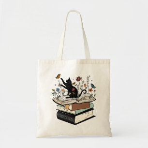 Black Cat on Book Funny Cat Tragetasche